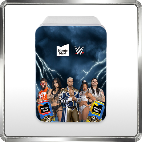 4 liter mini fridge wrapped in Minute Maid x WWE artwork with lightning, wrestlers and fruit punch and lemonade packs.