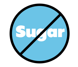 A blue circular icon with a black diagonal line through the word "Sugar," indicating zero sugar.