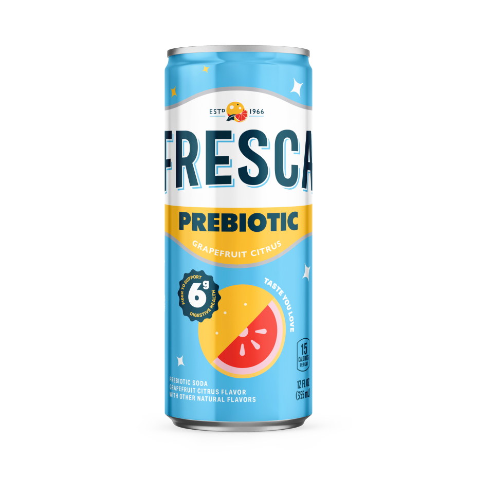 A light blue 12 fl oz can of Fresca Prebiotic Grapefruit Citrus on a white background, marked “Estd 1966” and decorated with a graphic of a grapefruit slice. It has a badge reading “6g fiber to support digestive health,” the words “Taste you love,” and a “15 calories per can” callout.