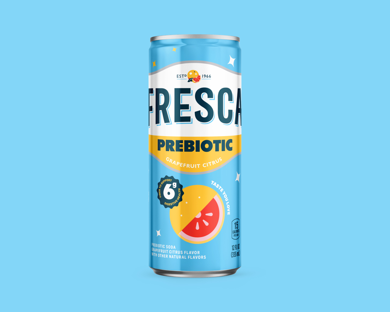 A smaller version of the same Fresca Prebiotic Grapefruit Citrus can image, on a light blue background.