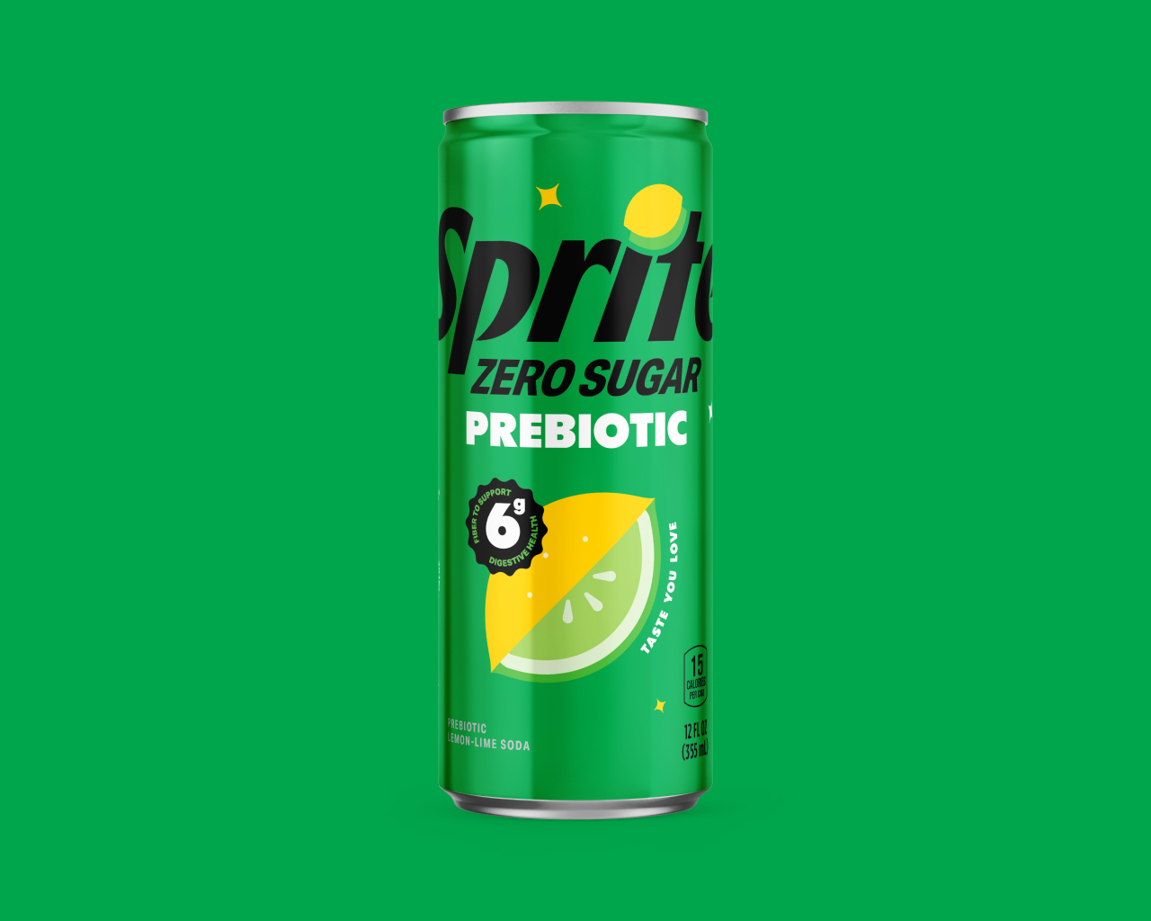A green can of Sprite Zero Sugar Prebiotic lemon-lime soda against a green background, featuring a "6g fiber to support digestive health" badge, a lemon-lime graphic, "Taste You Love" text, and product details noting 15 calories per can and 12 FL OZ (355 mL).