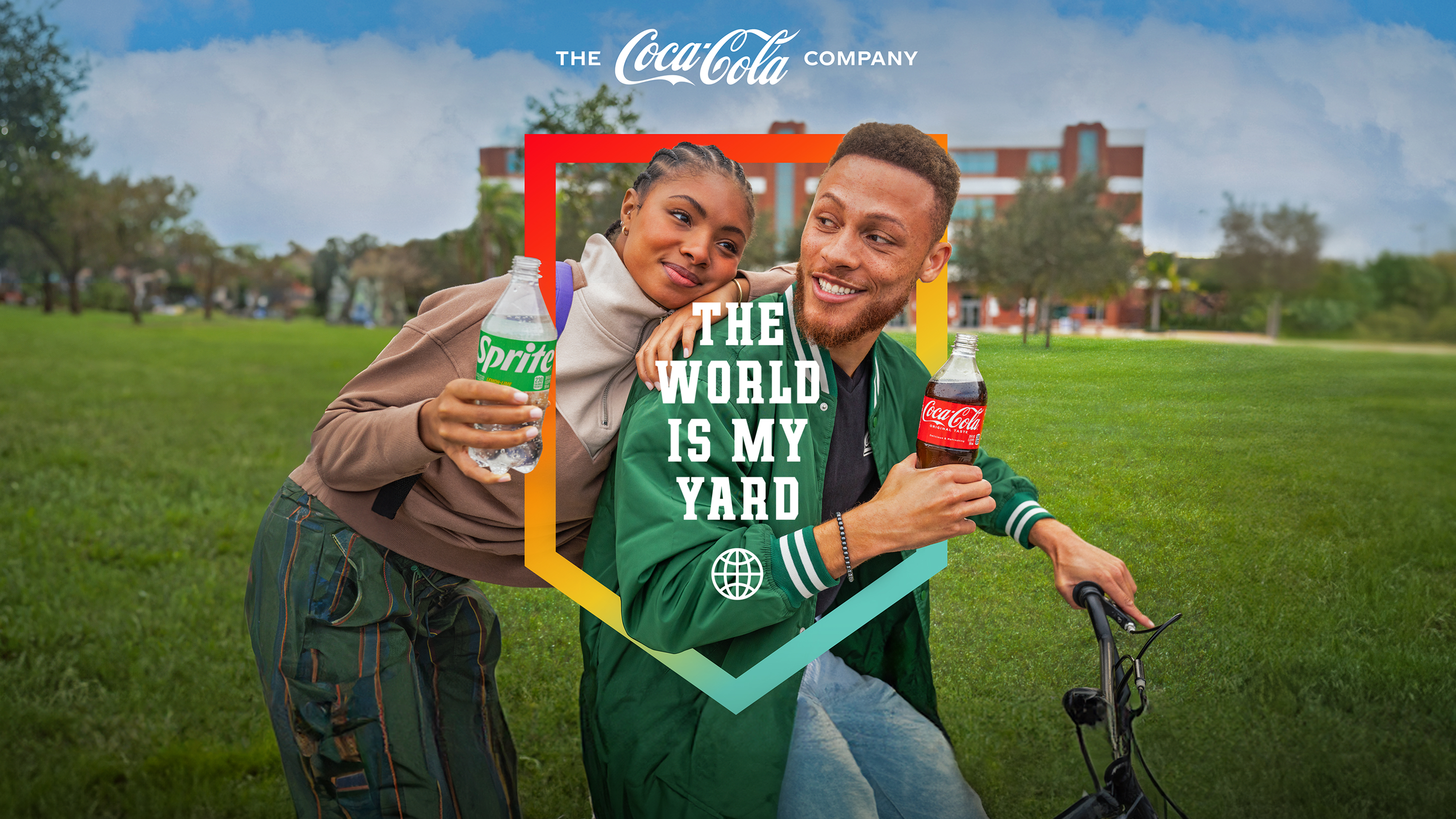 HBCU student holding a Coca-Cola bottle on a vibrant campus setting with "The World Is My Yard" branding overlay