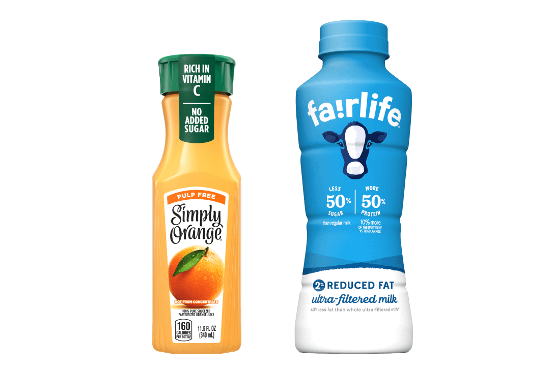 simply orange juice and fairlife milk bottles