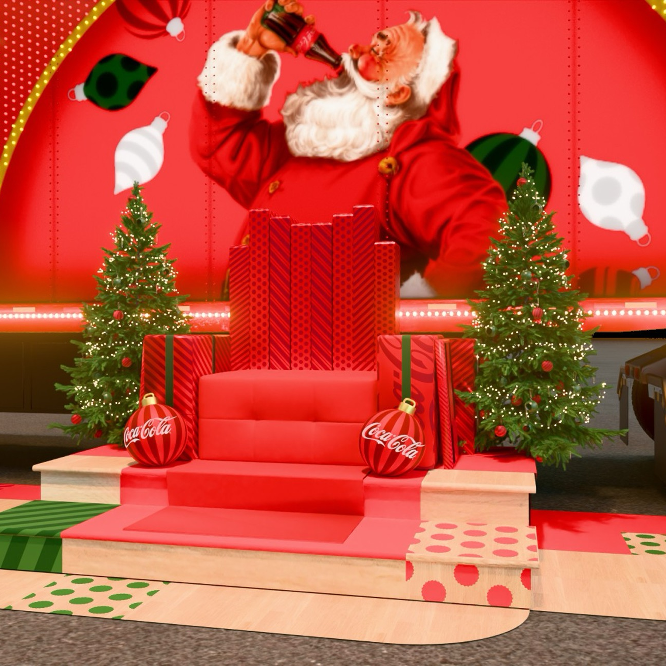 Ilustración de Santa Claus con un abrigo ribeteado con piel bebiendo una botella de Coca-Cola detrás de un asiento y decoraciones navideñas